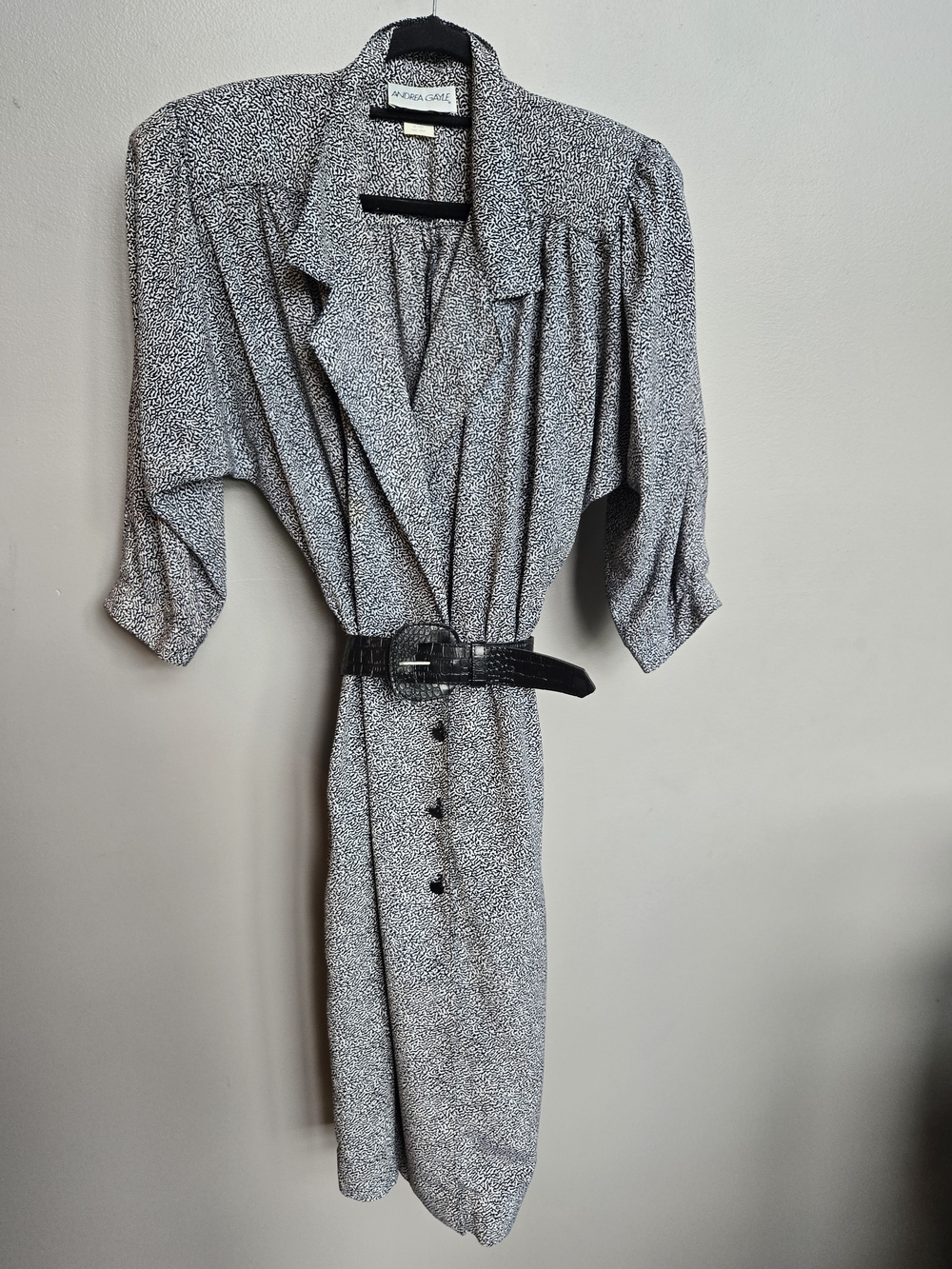 VTG 80s Andrea Gayle Black White Abstract Printed Belted Shirt Dress Size 14
